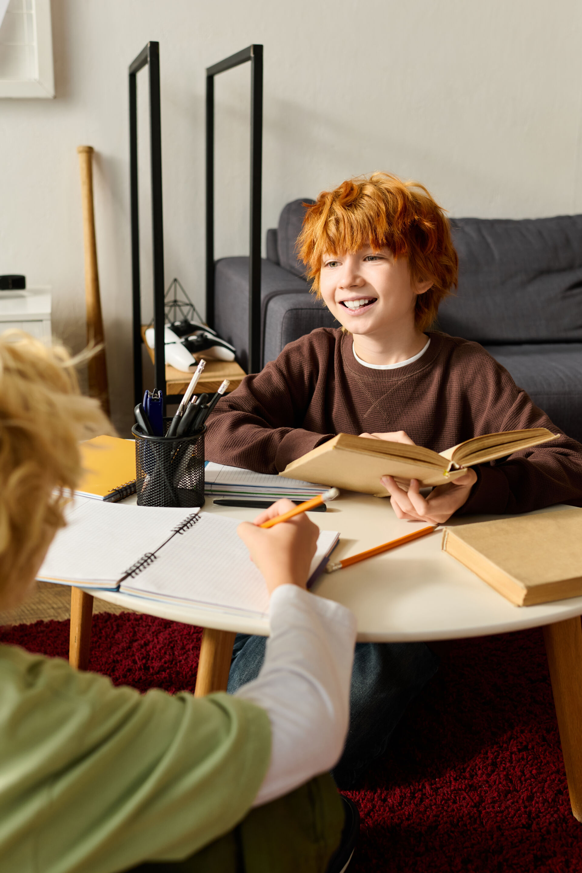 Two happy boys, one redhead and one blonde, enjoy fun moments together at home.
